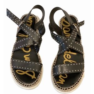 Sam Eldeman Black Leather Strap Sandals Studded Bling 6 Shoes Comfort Espadrille
